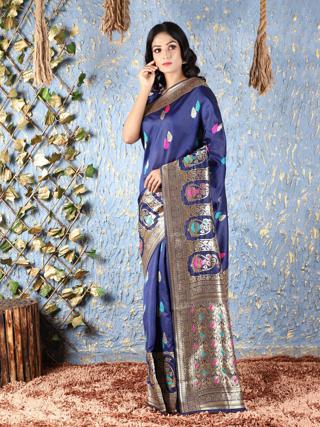 

61&7NX Ethnic Heavy Work Art Silk Saree, Blue