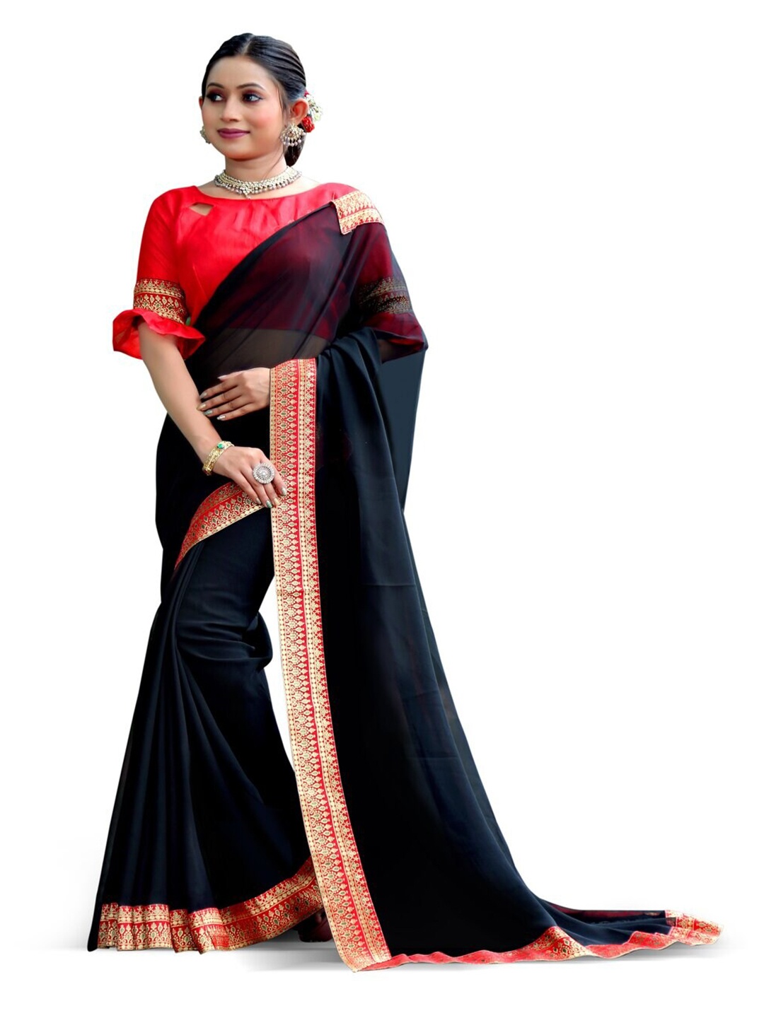 

61&7NX Ethnic Heavy Work Art Silk Saree, Black