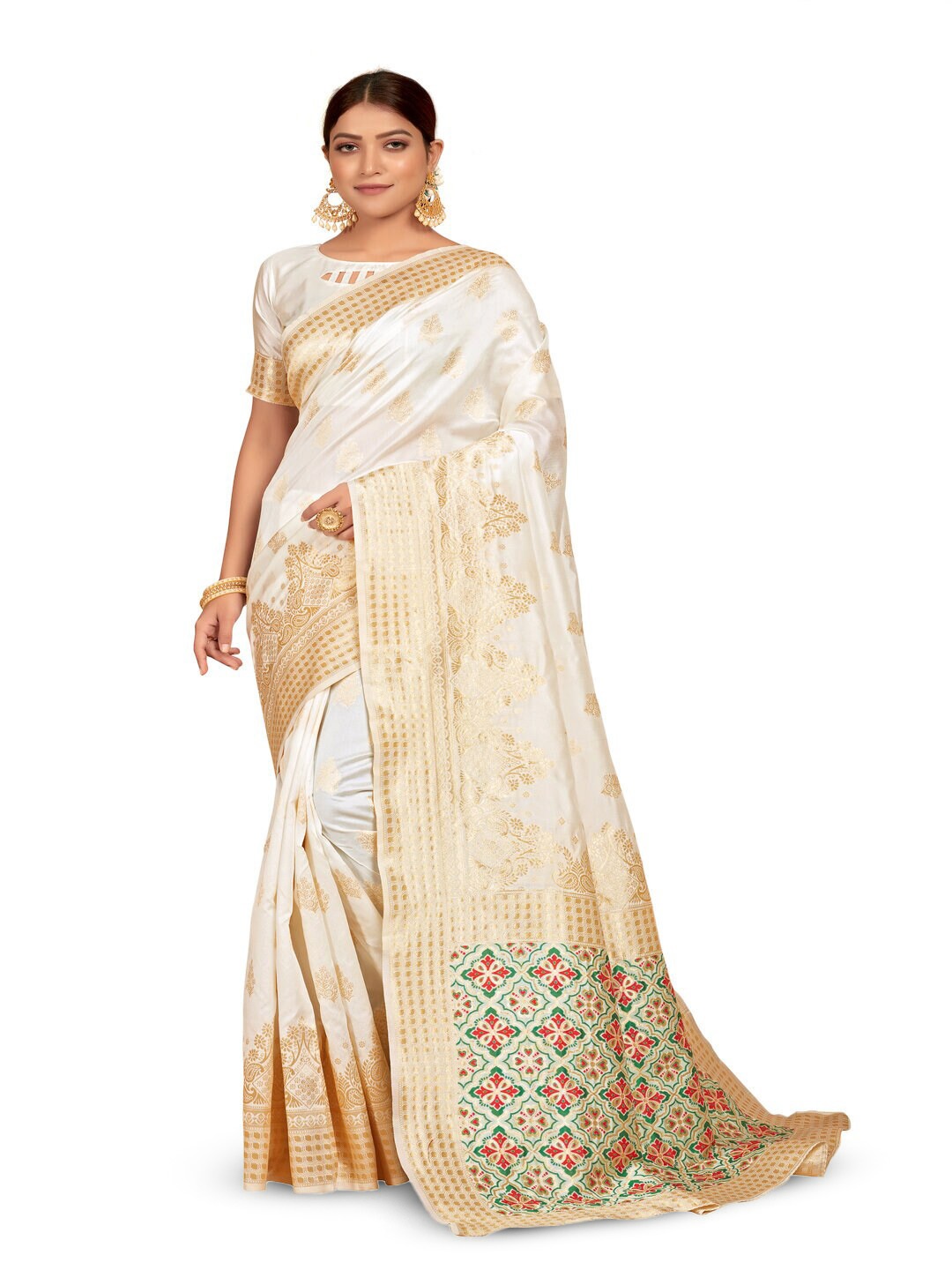 

61&7NX Woven Design Ethnic Motifs Zari Saree, White