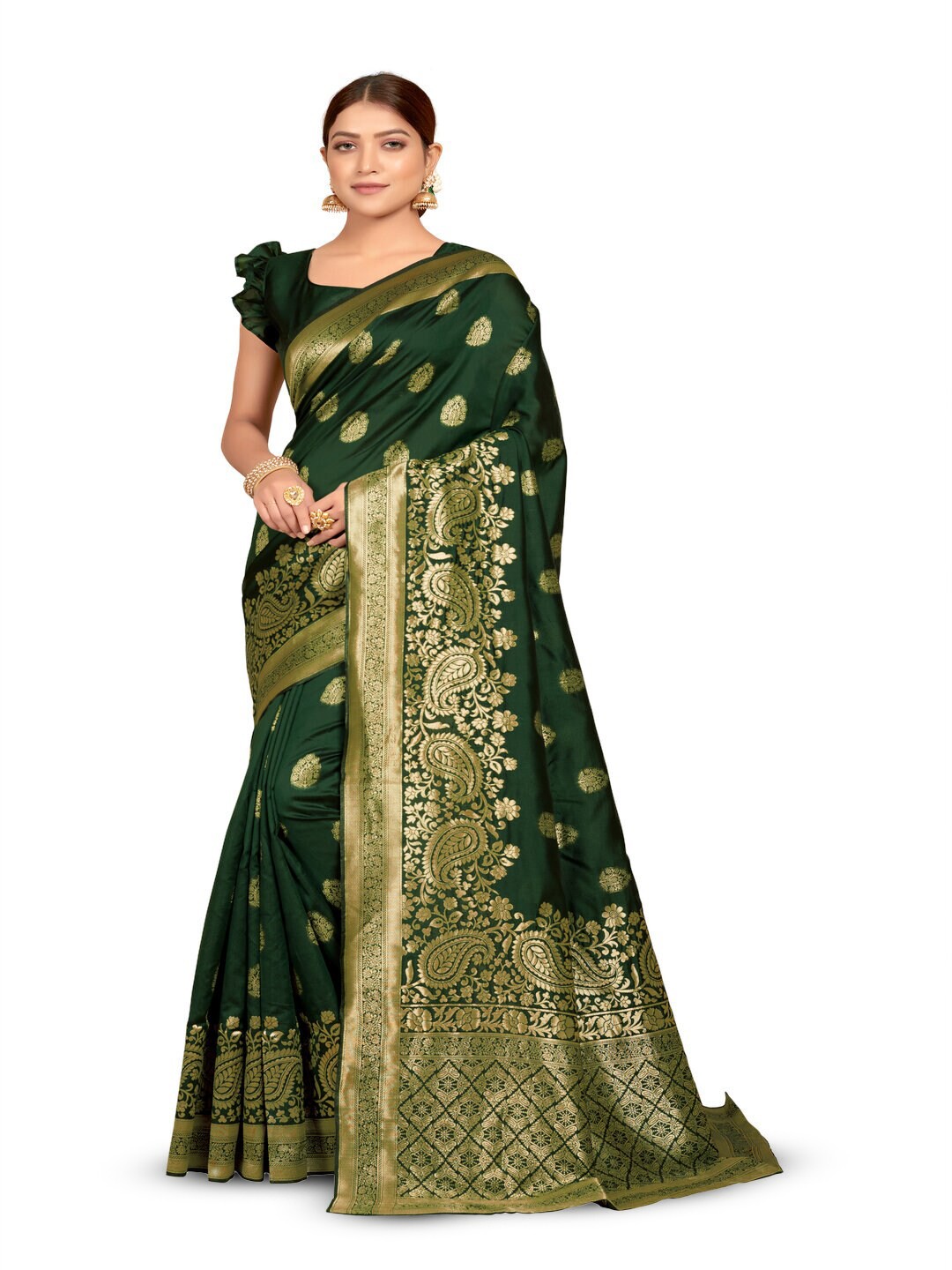 

61&7NX Ethnic Motifs Woven Design Zari Saree, Green
