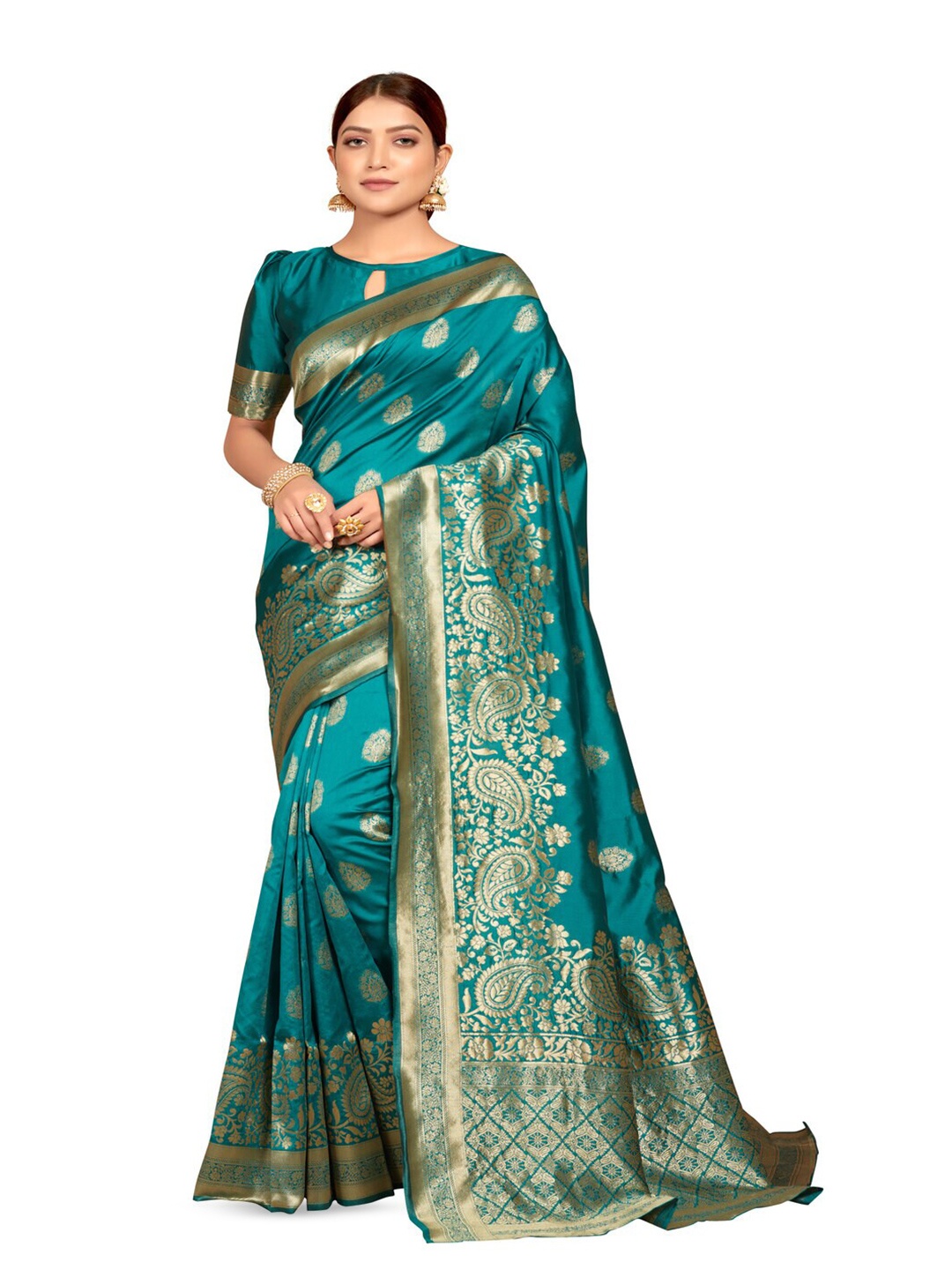 

61&7NX Ethnic Motifs Woven Design Zari Art Silk Saree, Green