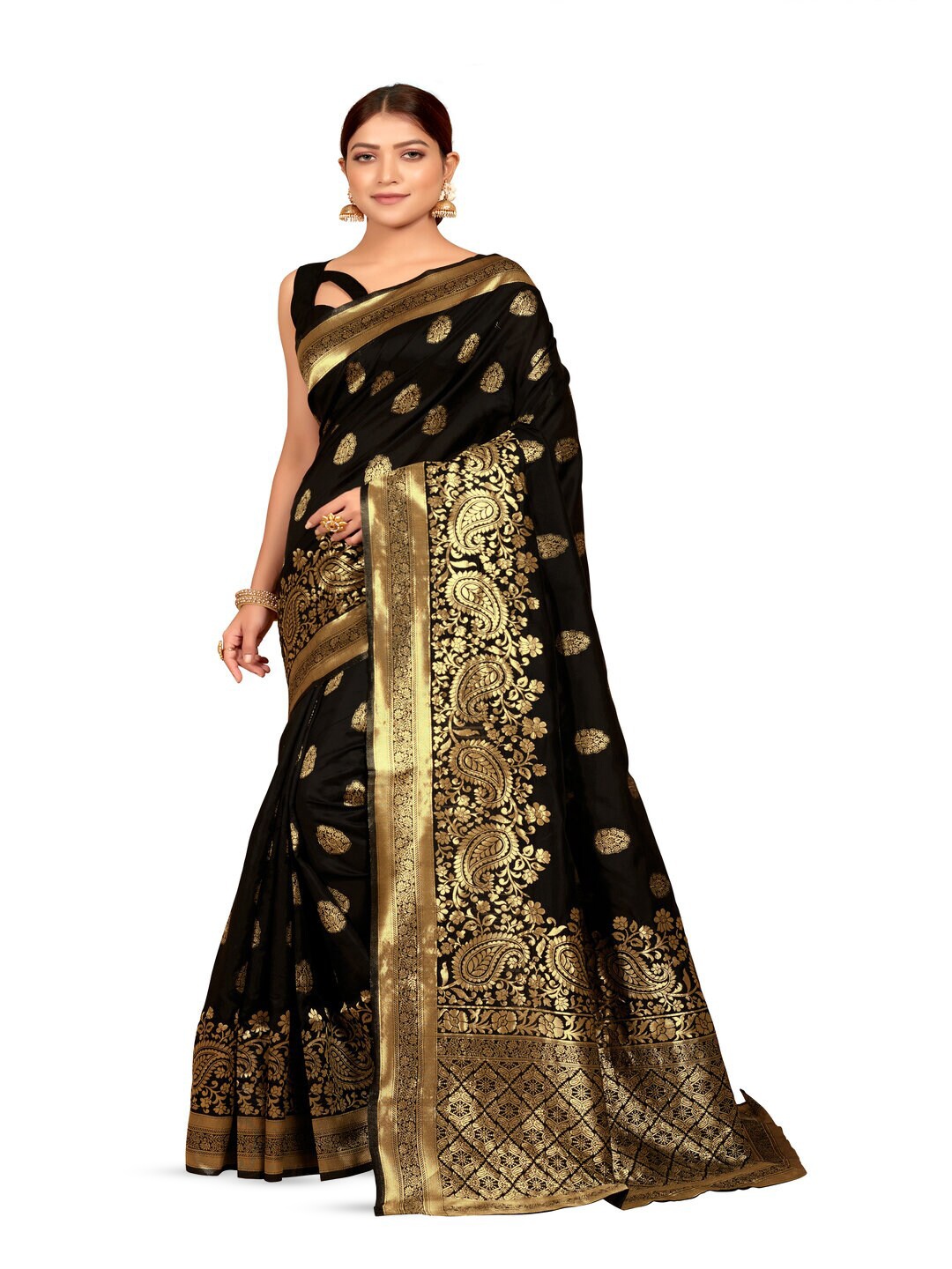 

61&7NX Ethnic Motifs Zari Woven Design Saree, Black