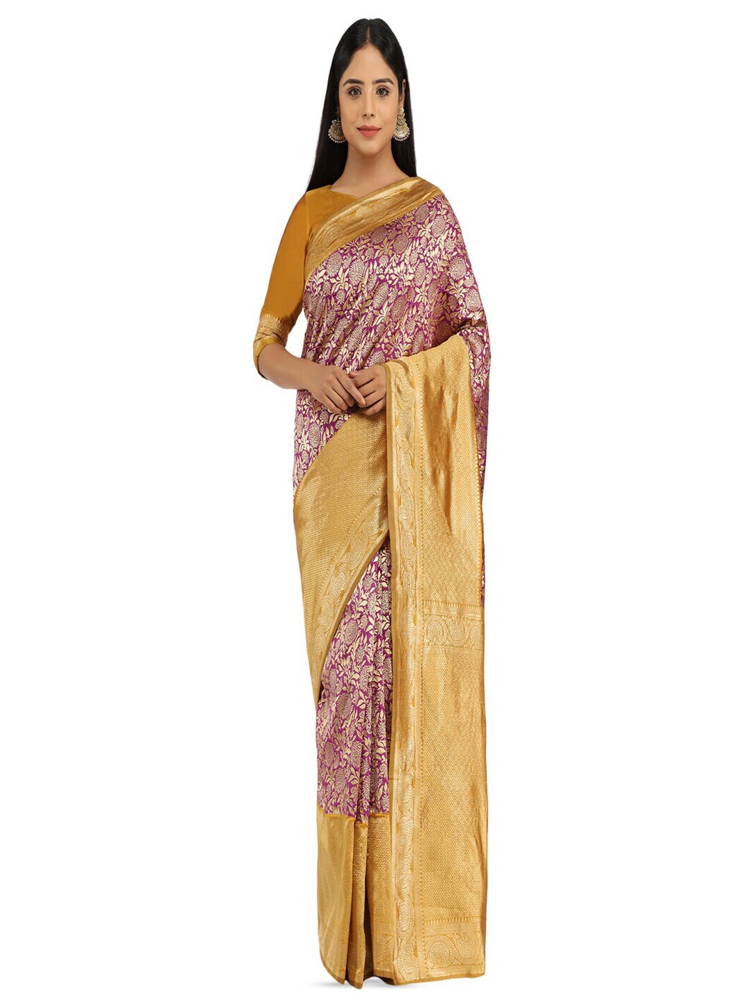 

61&7NX Floral Printed Zari Woven Design Saree, Purple