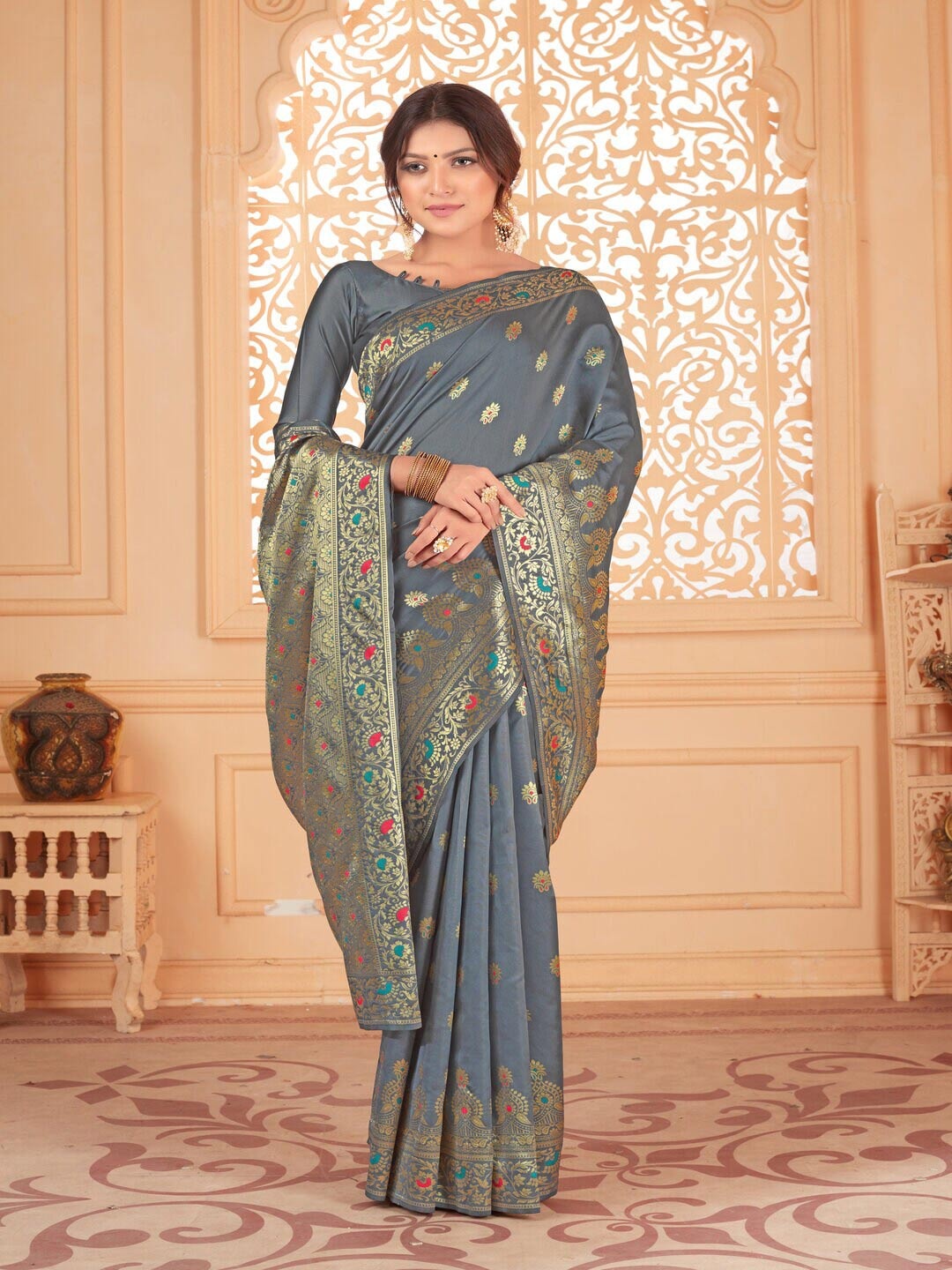 

61&7NX Ethnic Motifs Woven Design Zari Art Silk Saree, Grey
