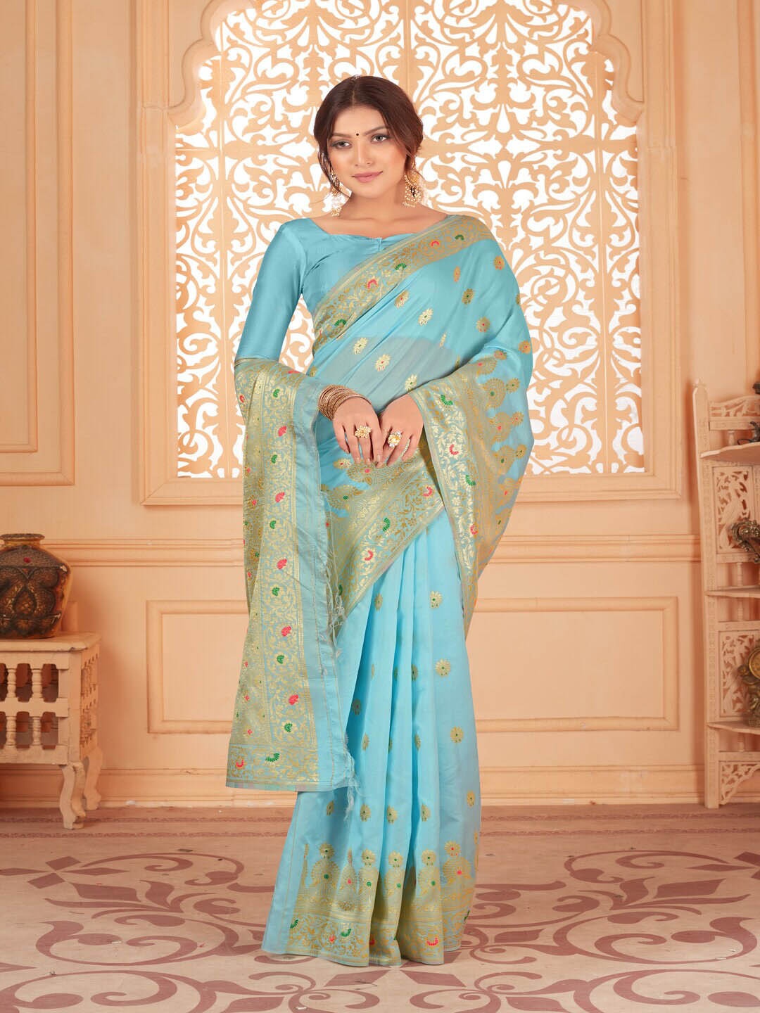 

61&7NX Ethnic Motifs Woven Design Zari Art Silk Saree, Blue
