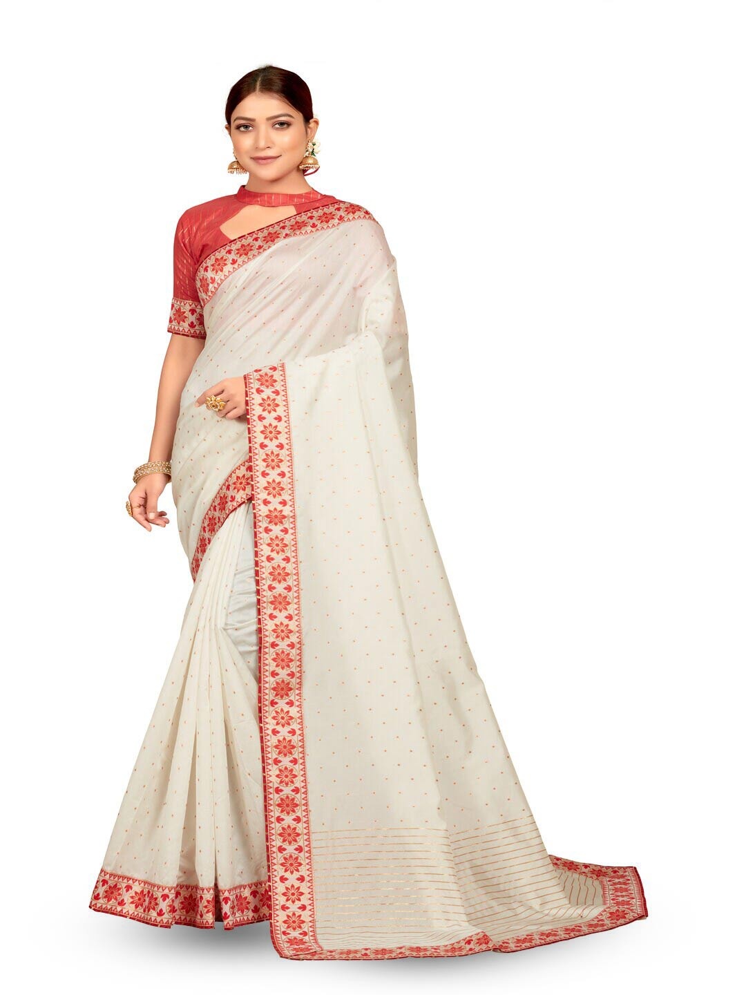 

61&7NX Floral Woven Design Zari Saree, White