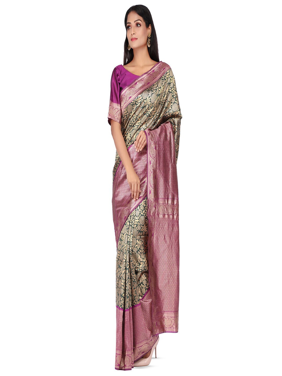 

61&7NX Floral Woven Design Zari Saree, Green