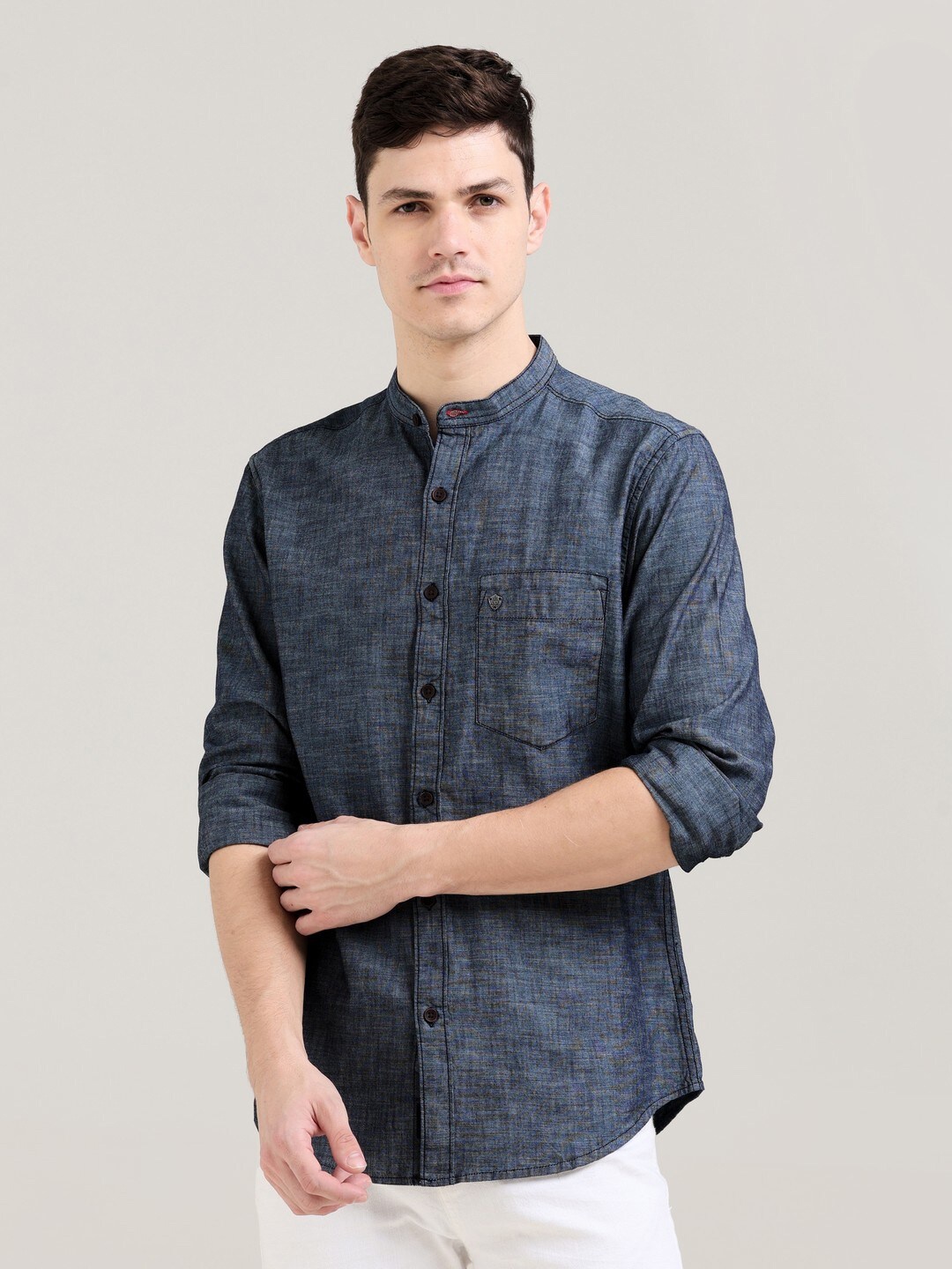 

VUDU Comfort Mandarin Collar Cotton Casual Shirt, Grey