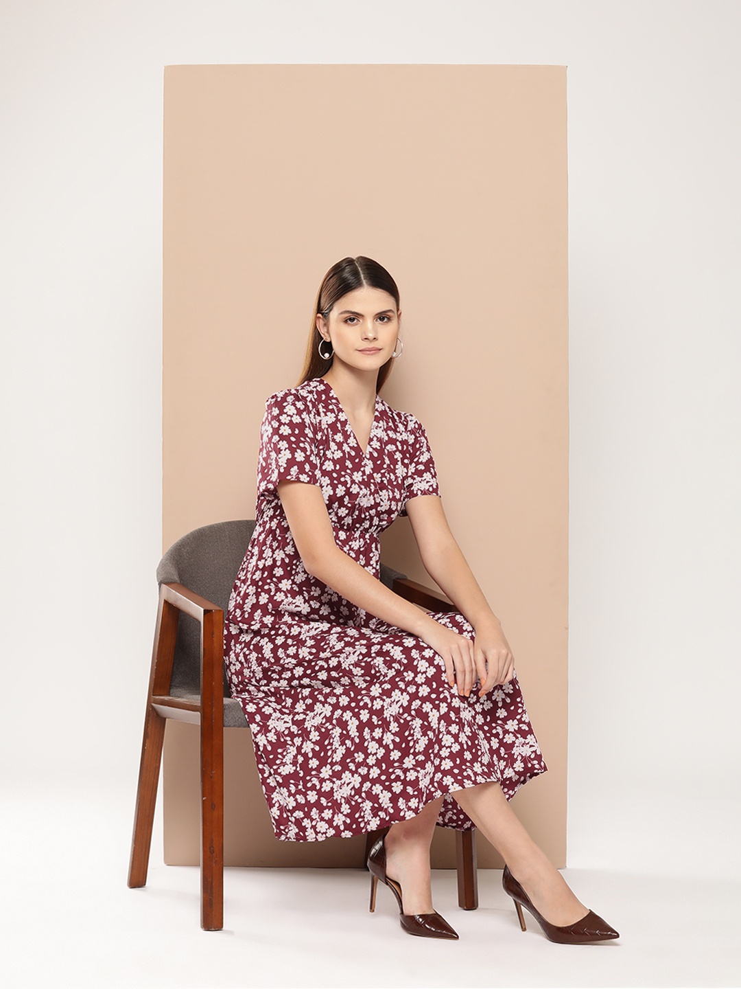 

INVICTUS Floral Print Midi Dress, Maroon