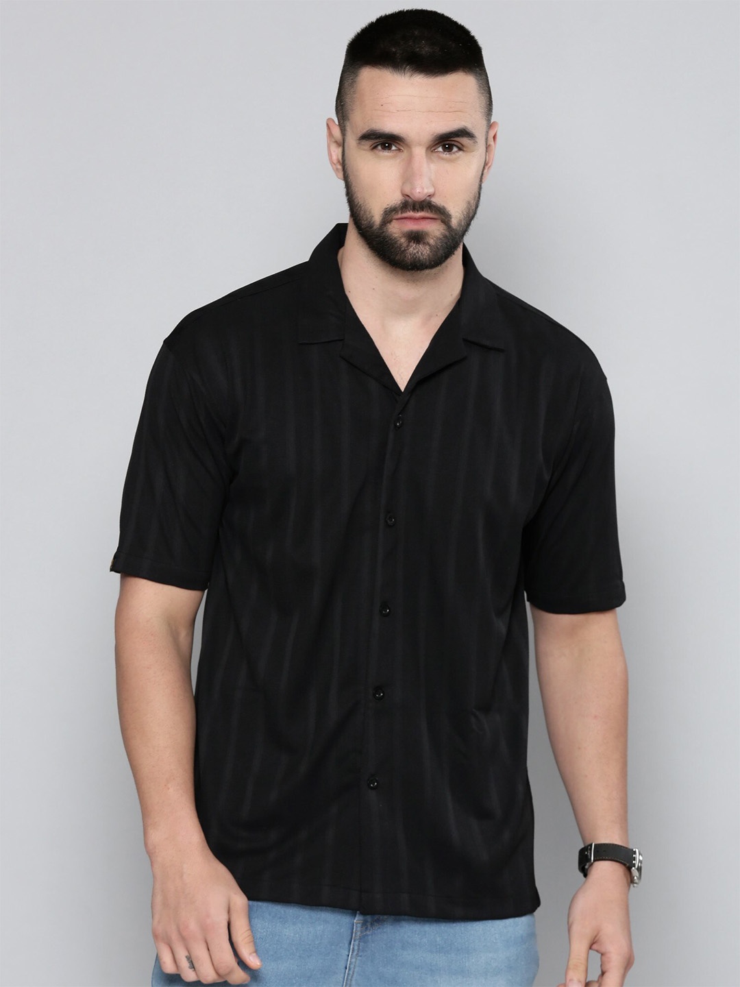 

Maniac Relaxed Cotton Spread Collar Oversized Casual Shirt, Black