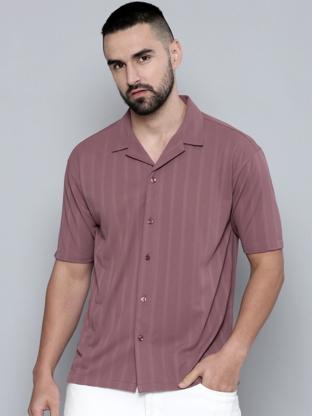 

Maniac Relaxed Striped Cotton Spread Collar Oversized Casual Shirt, Pink
