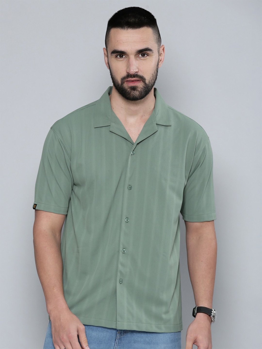 

Maniac Relaxed Striped Cotton Spread Collar Casual Shirt, Green