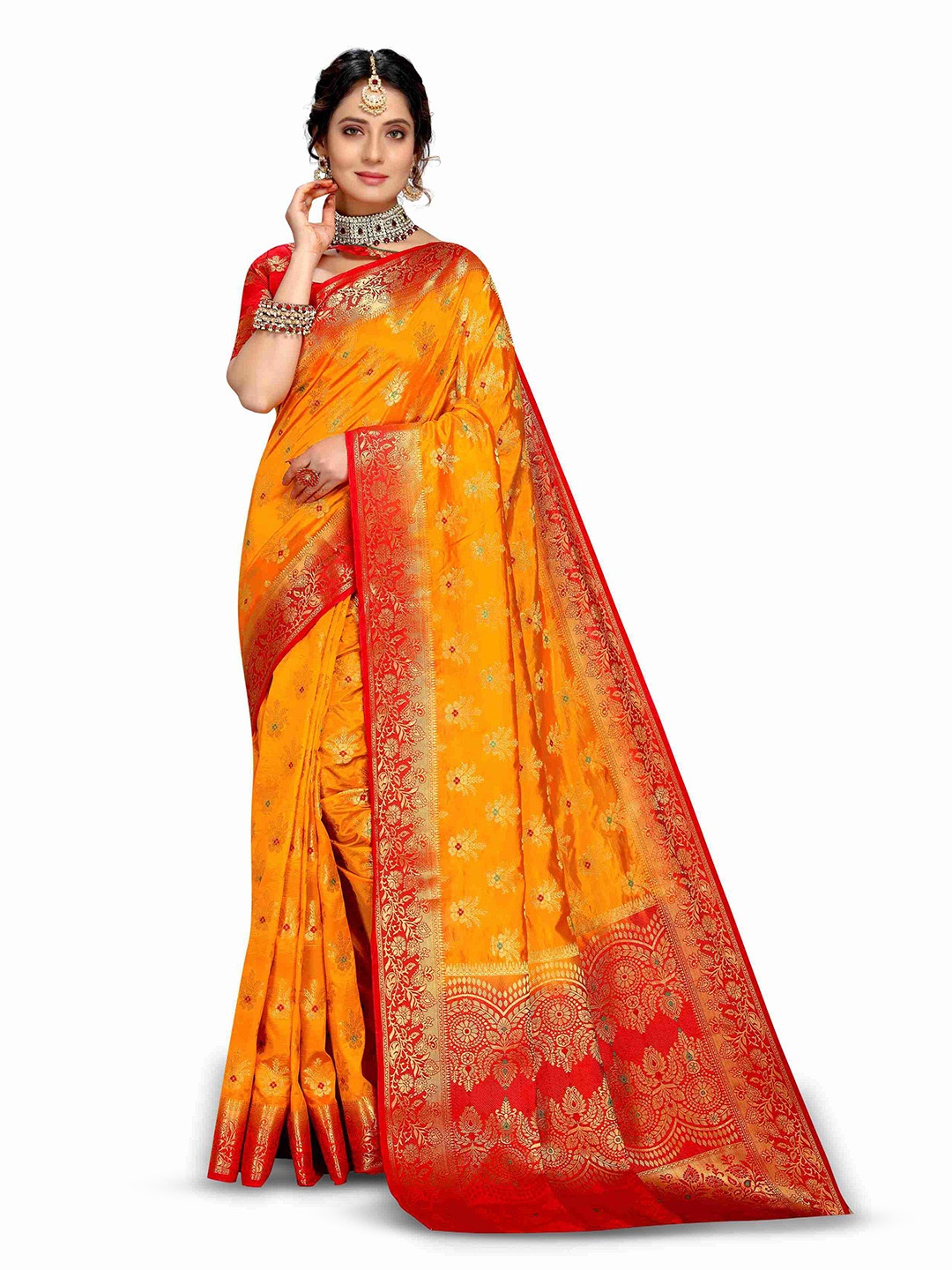 

IZIBRA Floral Woven Design Zari Art Silk Kanjeevaram Saree, Yellow