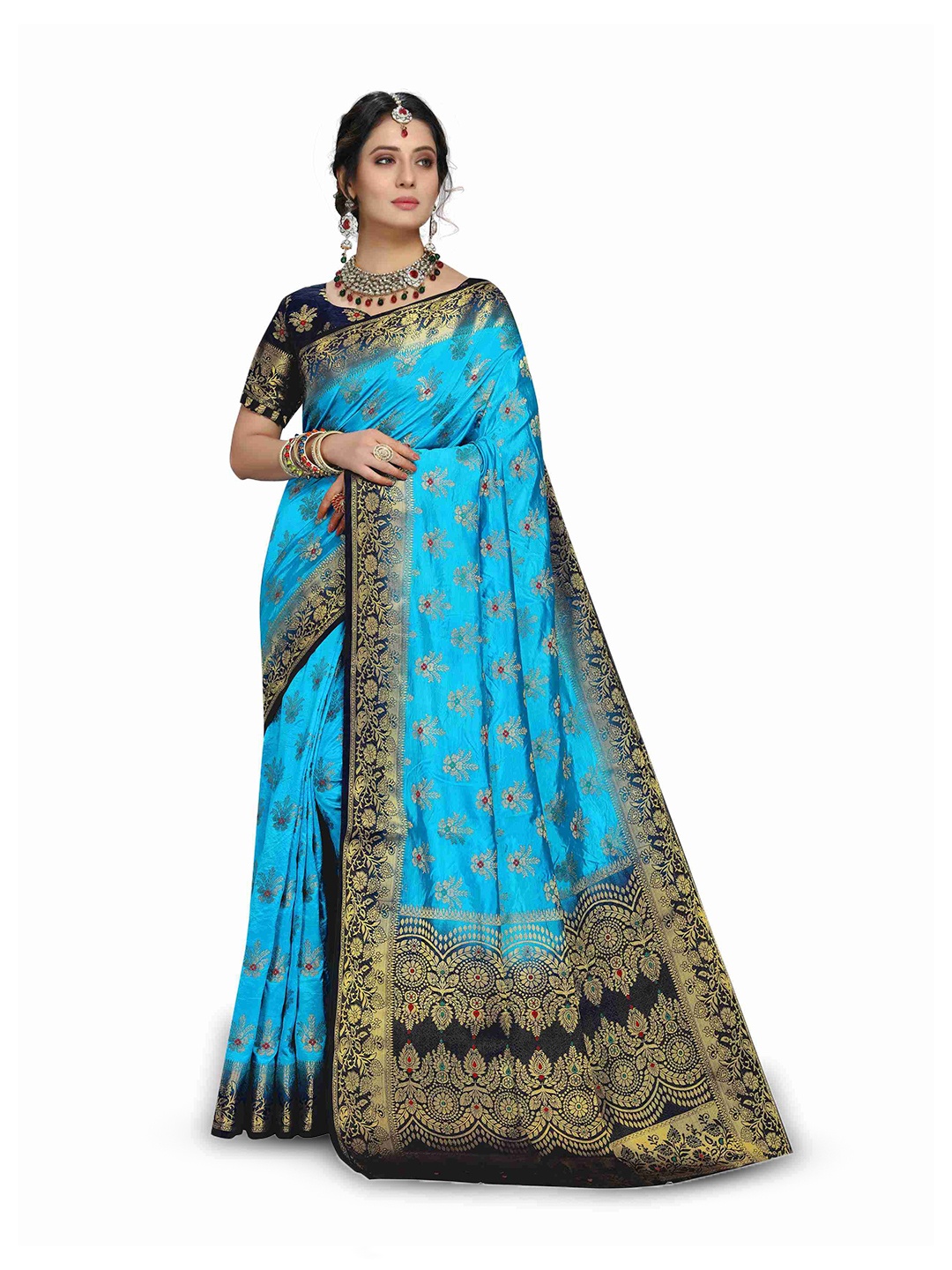 

IZIBRA Floral Woven Design Zari Art Silk Kanjeevaram Saree, Turquoise blue