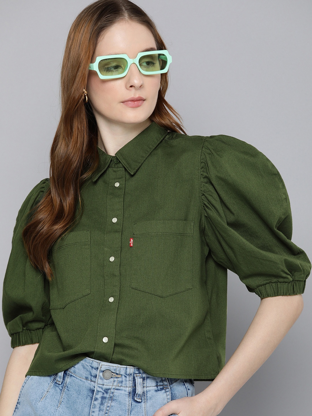 

Levis Solid Puff Sleeve Pure Cotton Shirt Style Top, Olive