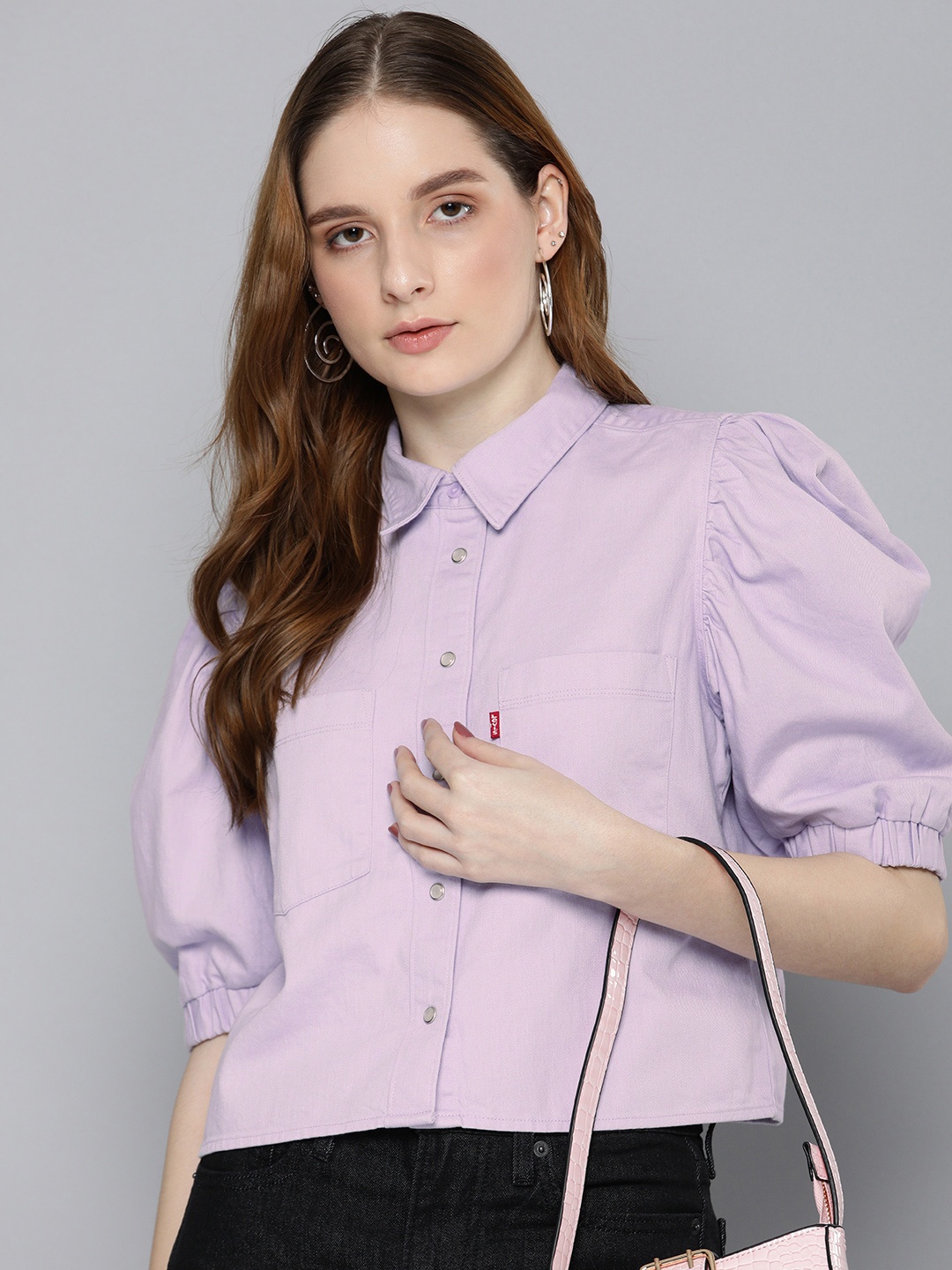 

Levis Solid Puff Sleeve Pure Cotton Shirt Style Top, Lavender