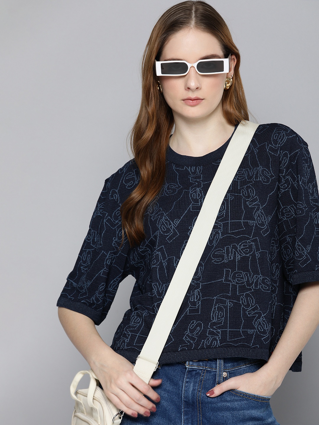 

Levis Women Brand Logo Printed Boxy T-shirt, Navy blue