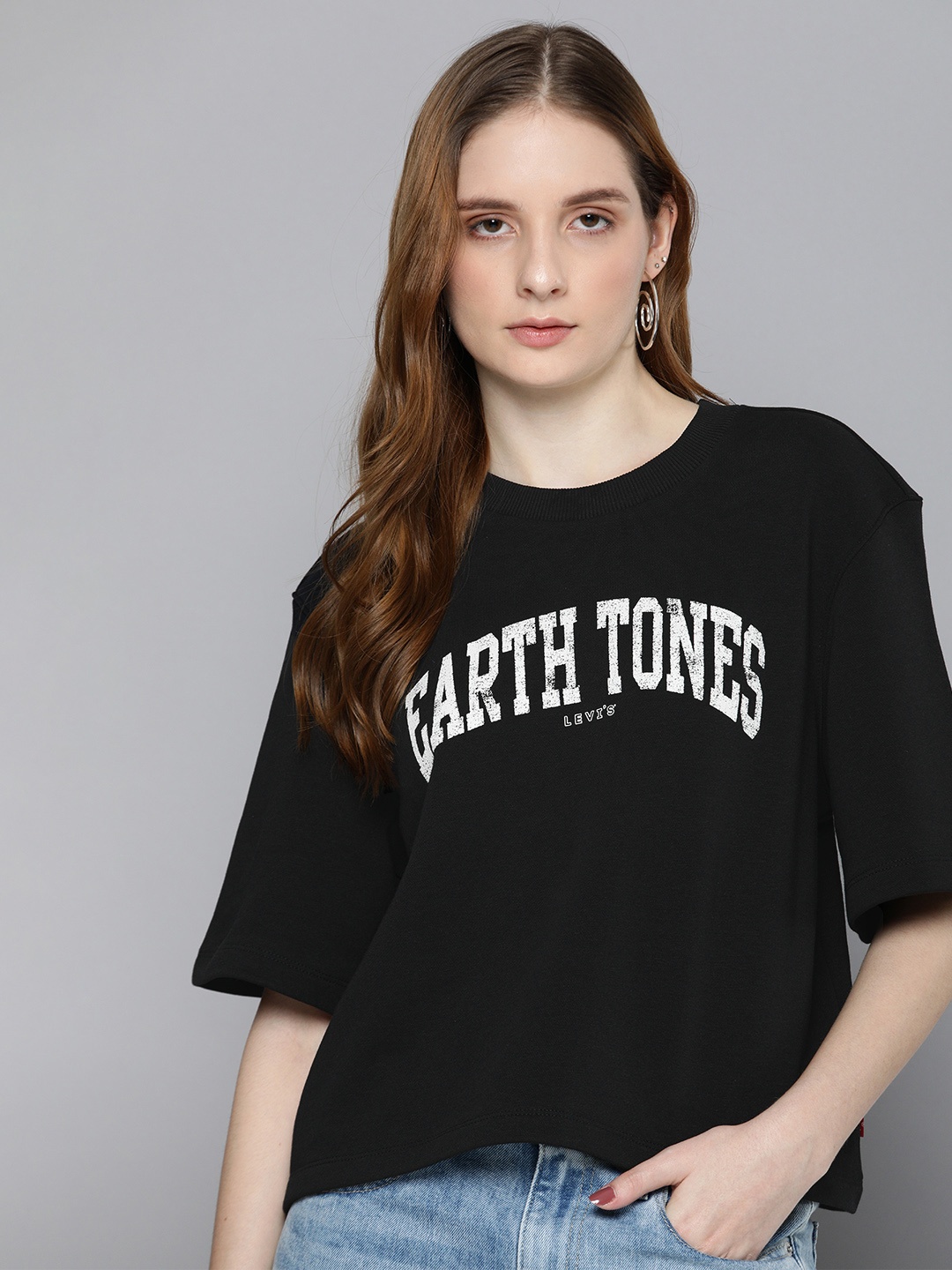 

Levis Women Brand Logo Printed Pure Cotton Boxy T-shirt, Black