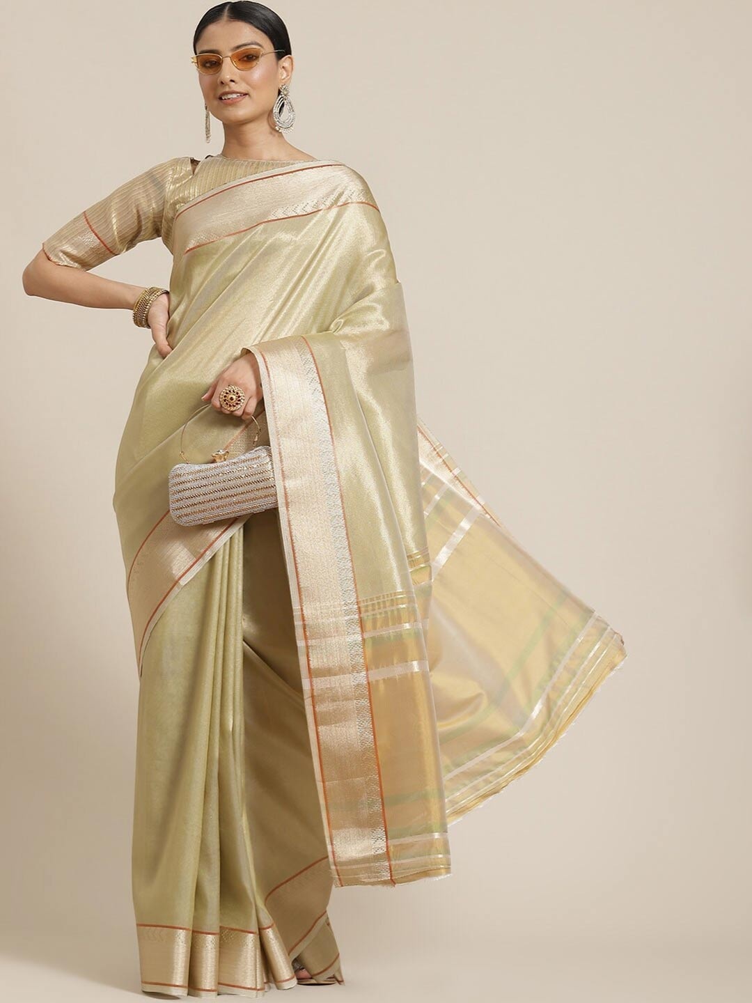 

Mitera Woven Design Zari Linen Designer Banarasi Saree, Gold