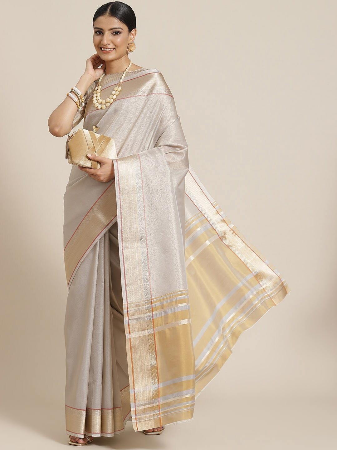 

Mitera Woven Design Zari Linen Designer Banarasi Saree, Grey