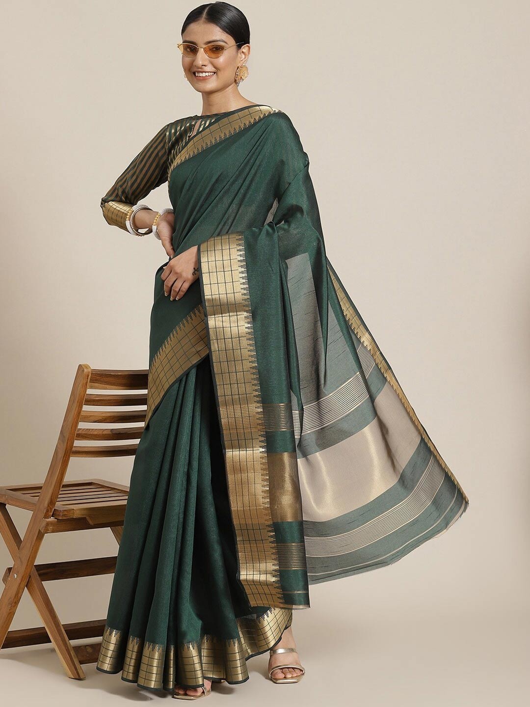 

Mitera Woven Design Zari Silk Cotton Designer Banarasi Saree, Green