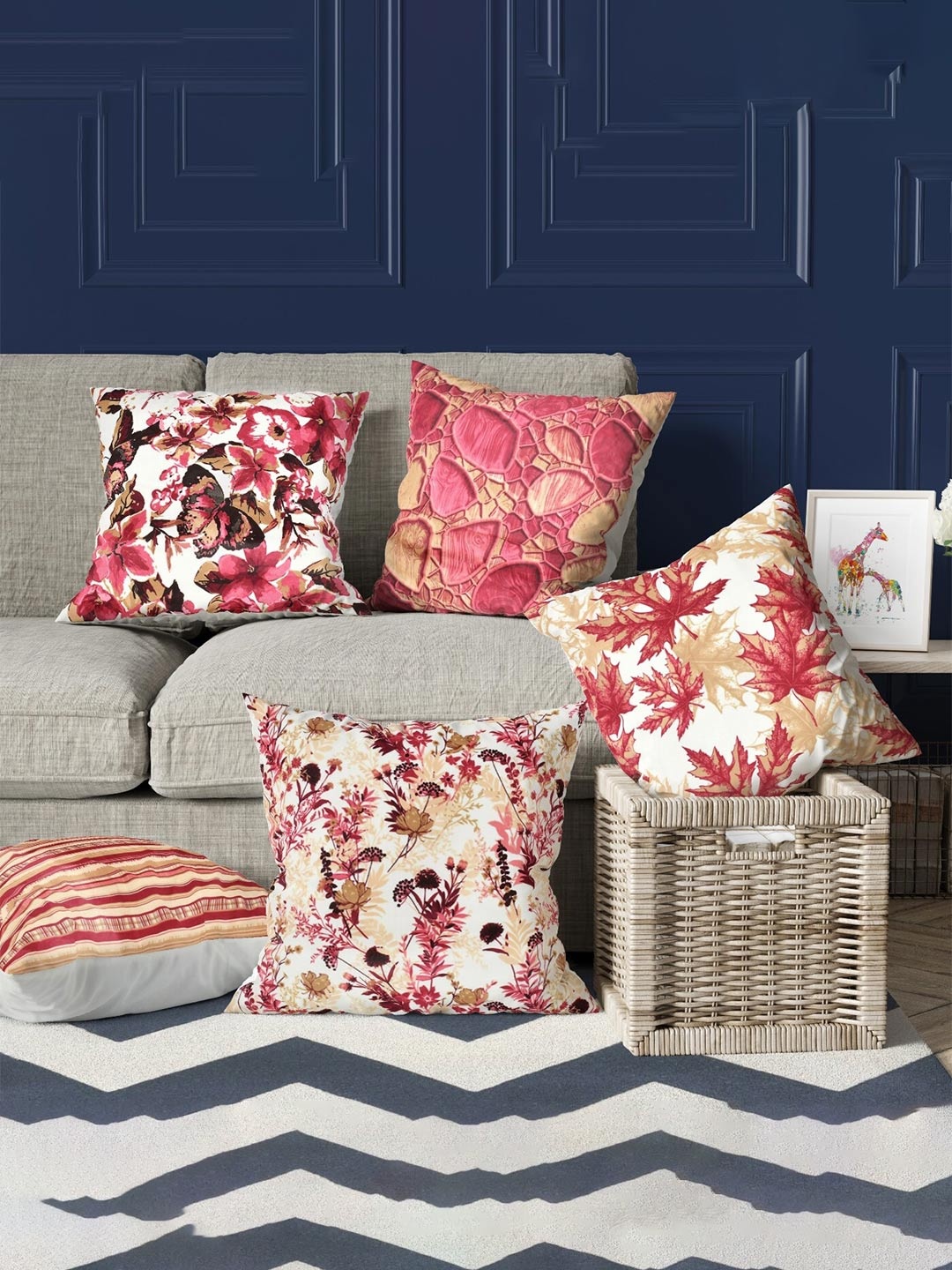 

MULTITEX White & Pink 5 Pcs Floral Velvet Square Cushion Covers