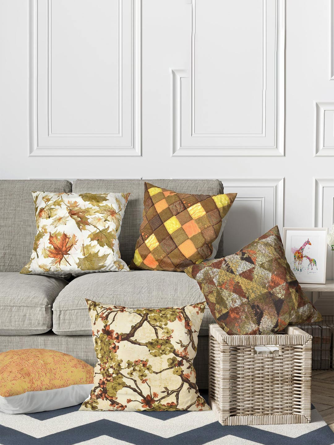 

MULTITEX White & Yellow 5 Pcs Floral Velvet Square Cushion Covers