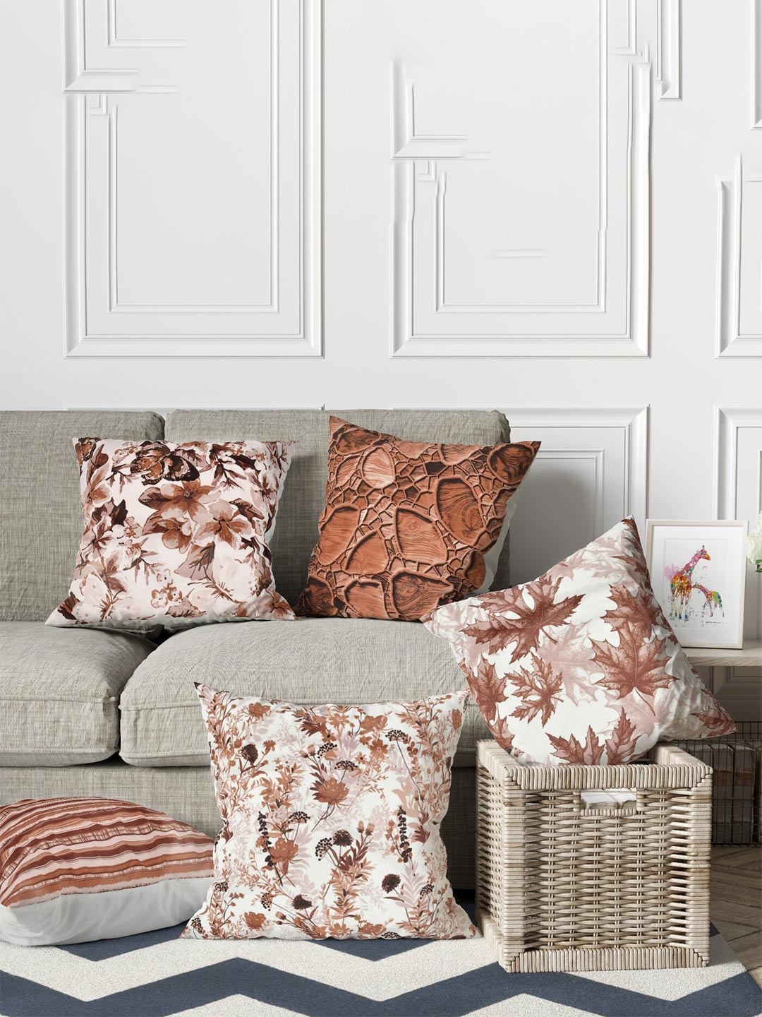

MULTITEX White & Brown 5 Pcs Floral Velvet Square Cushion Covers