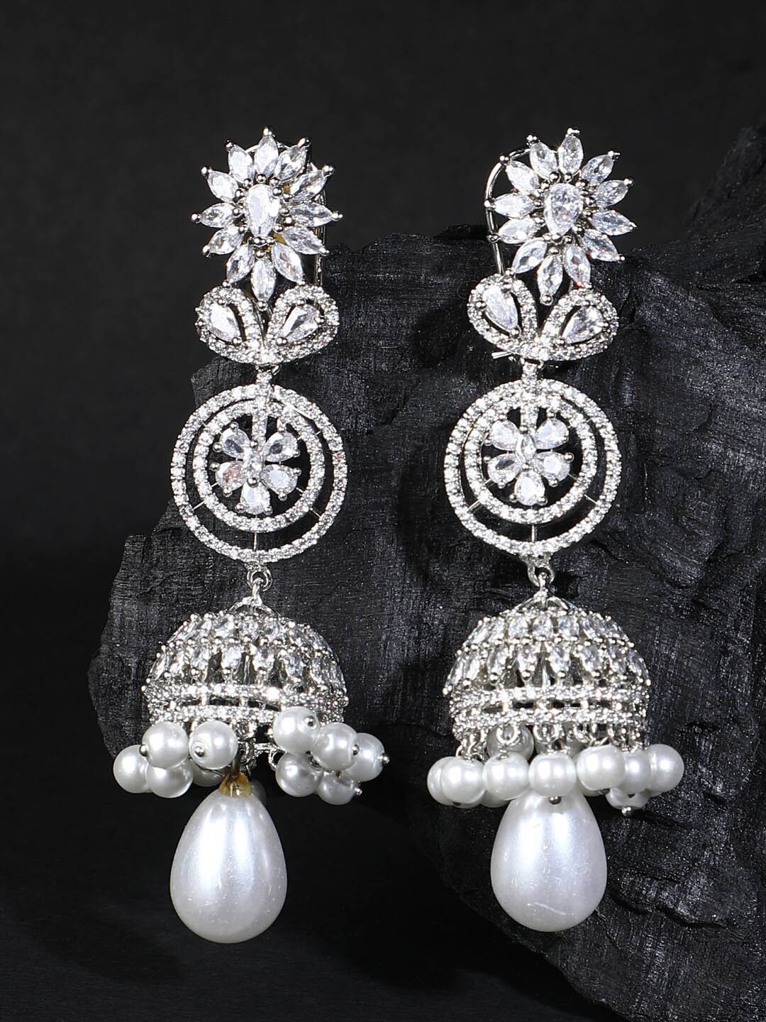 

House of Pataudi Rhodium-Plated AD Jhumkas, Silver
