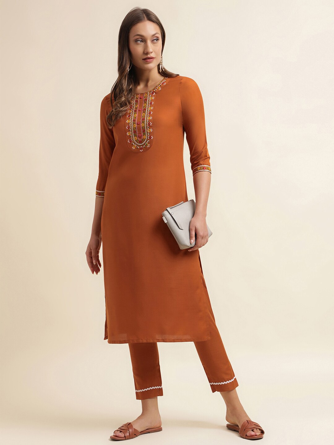 

KALINI Floral Embroidered Thread Work Straight Kurti with Trousers, Rust