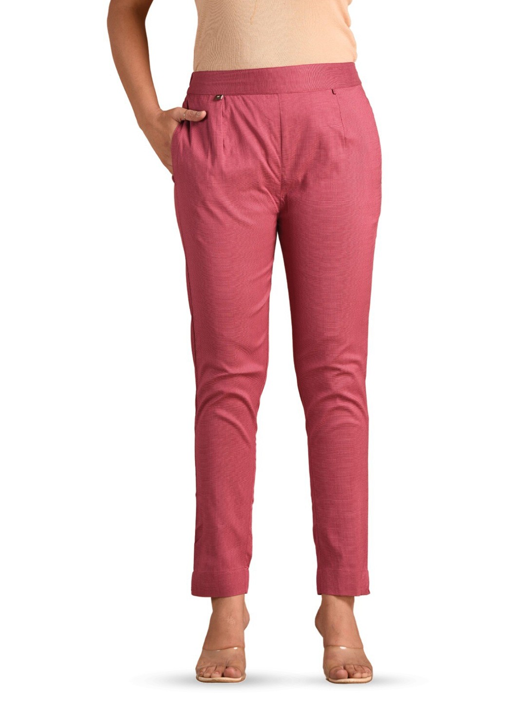 

BAESD Women Mid Rise Easy Wash Cotton Cigarette Trousers, Pink