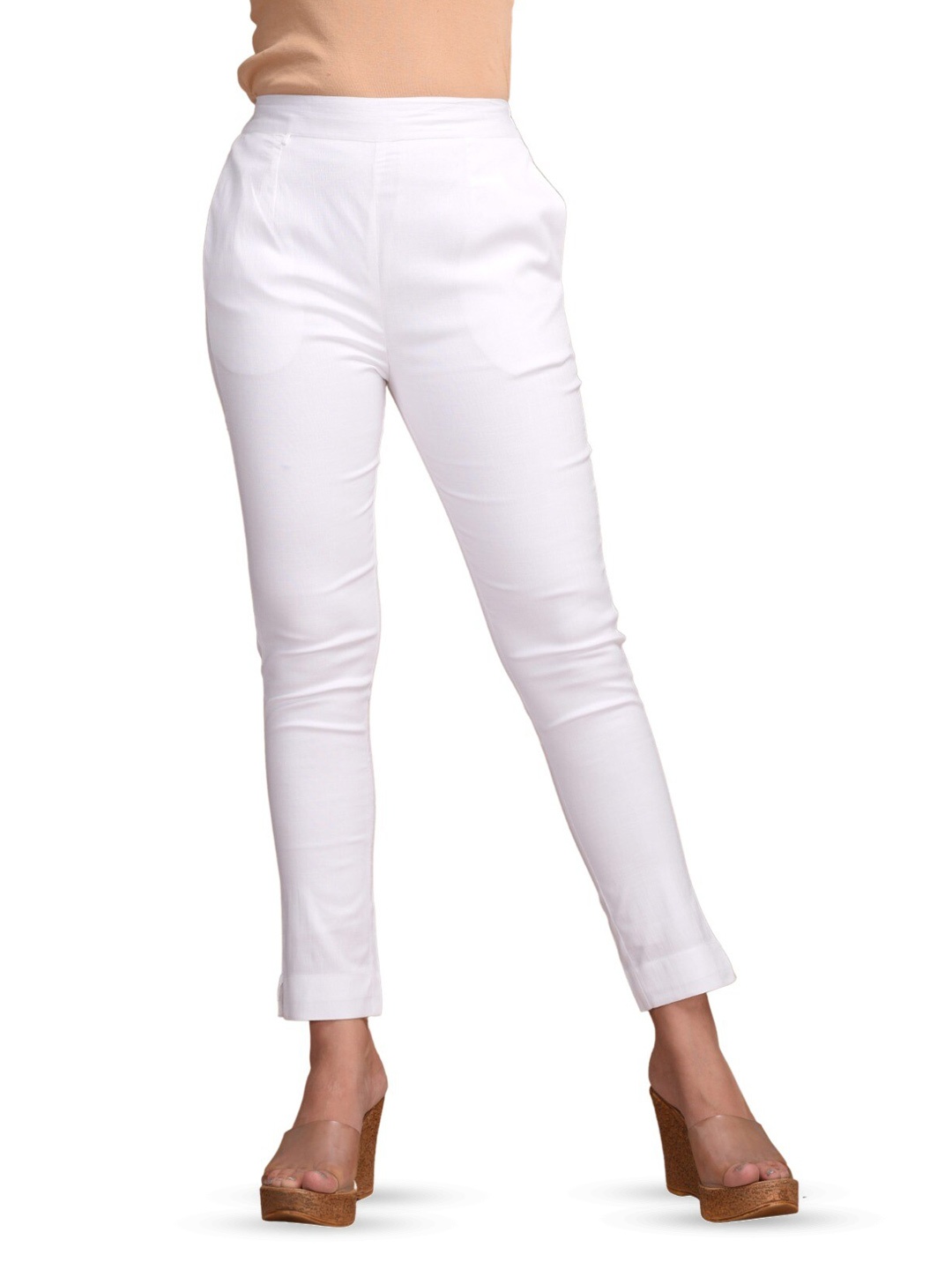

BAESD Women Mid Rise Easy Wash Cotton Cigarette Trousers, White