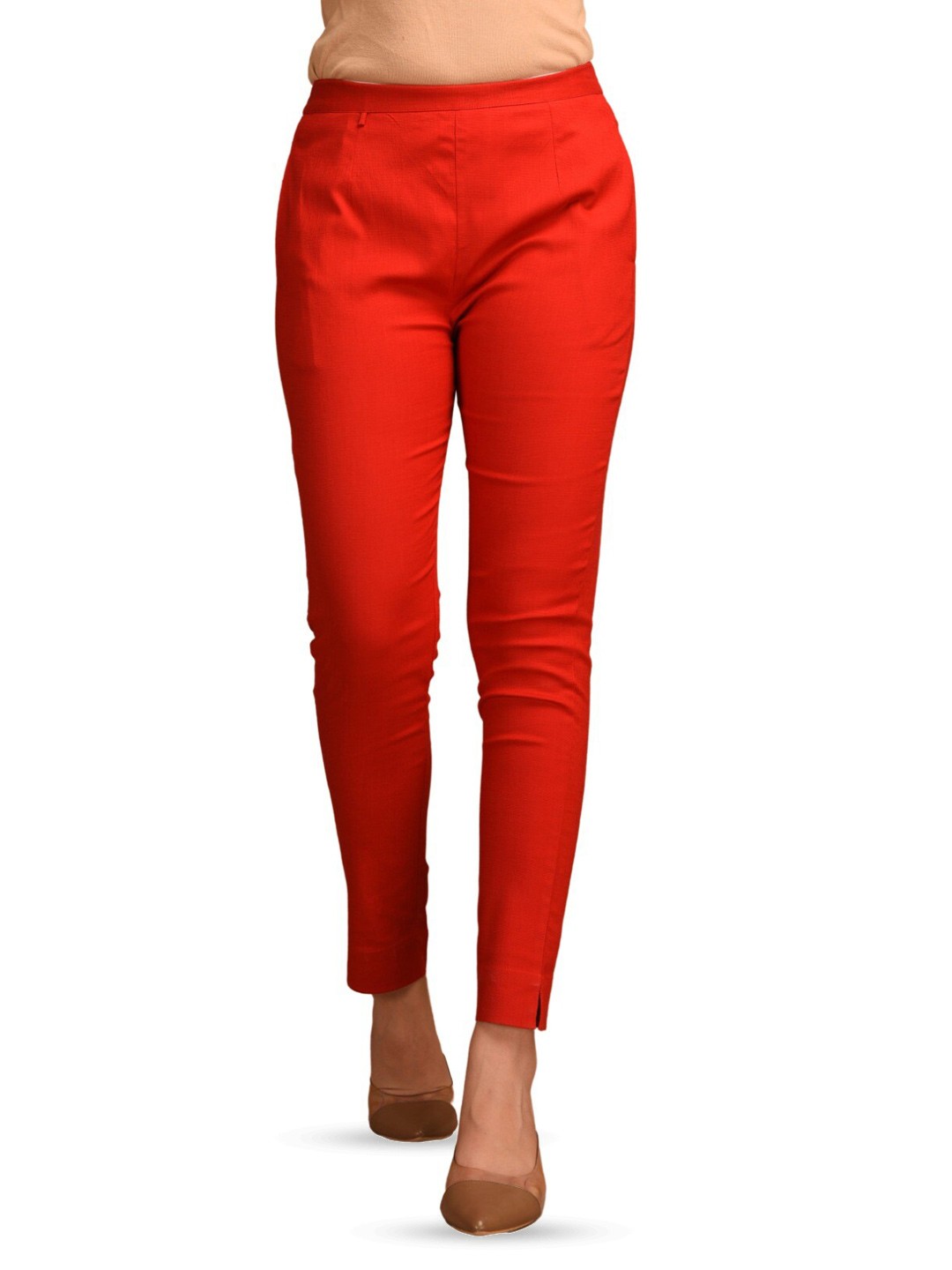 

BAESD Women Mid Rise Easy Wash Cotton Cigarette Trousers, Red