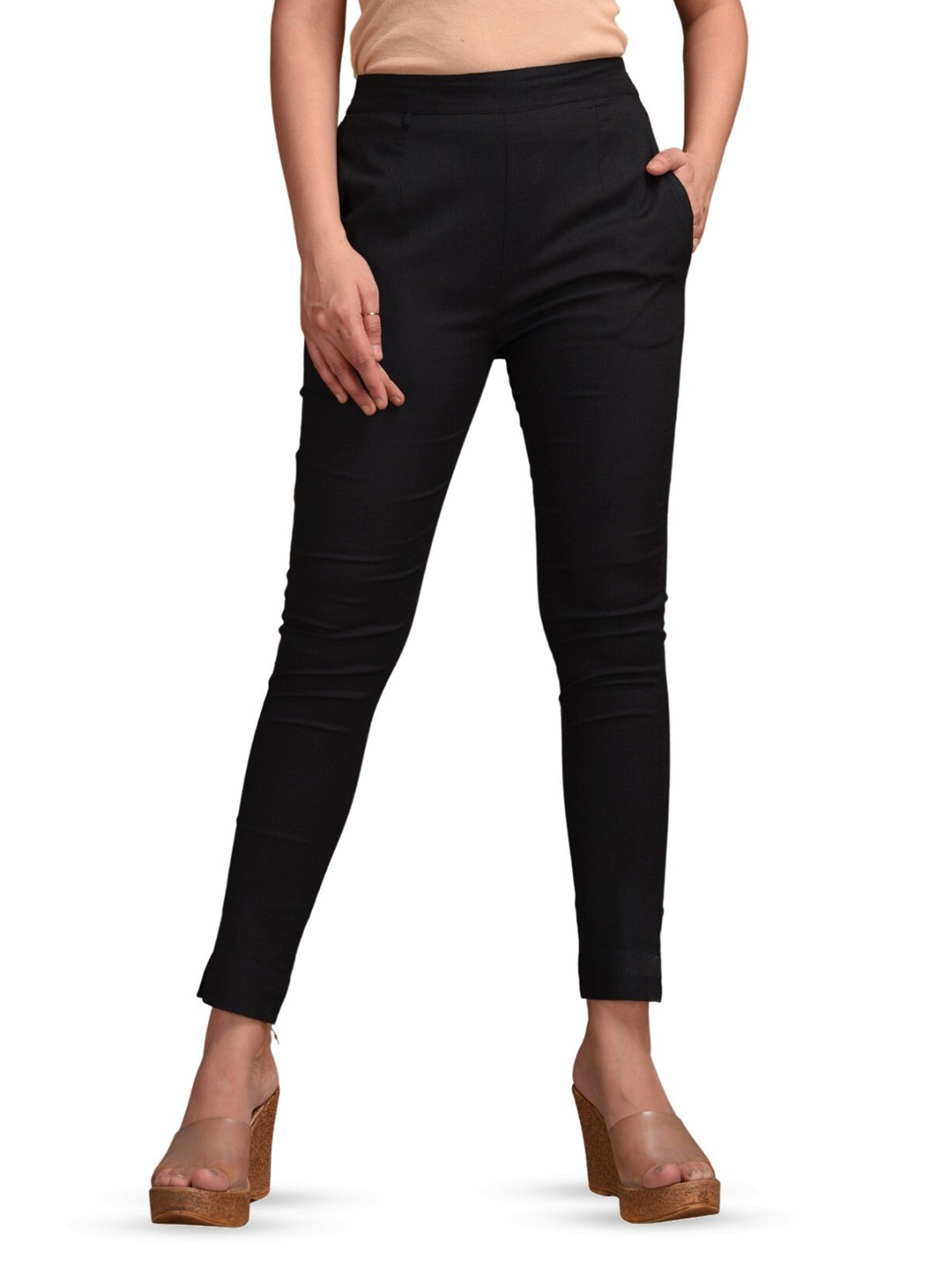 

BAESD Women Mid Rise Easy Wash Cotton Cigarette Trousers, Black