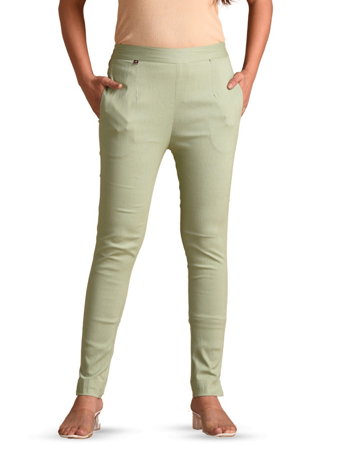 

BAESD Women Mid Rise Easy Wash Cotton Cigarette Trousers, Sea green