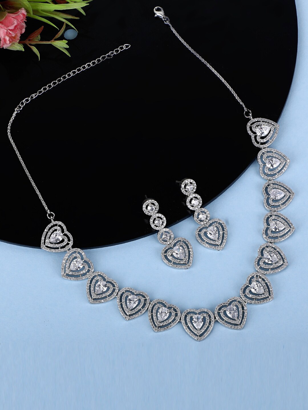 

House of Pataudi Rhodium-Plated American Diamond Studded Jewellery Set, Silver