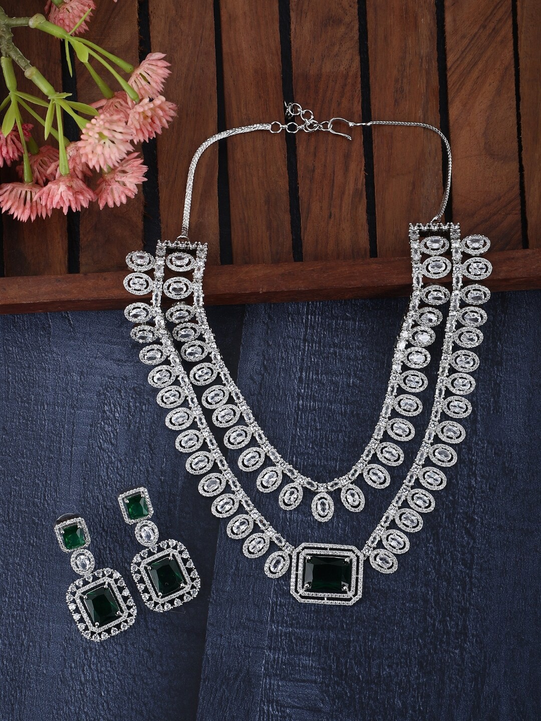 

House of Pataudi Rhodium-Plated American Diamond & Zircon Studded Jewellery Set, Silver