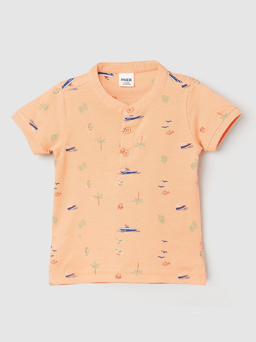 

max Infant Boys Conversational Printed Henley Neck Pure Cotton T-shirt, Orange