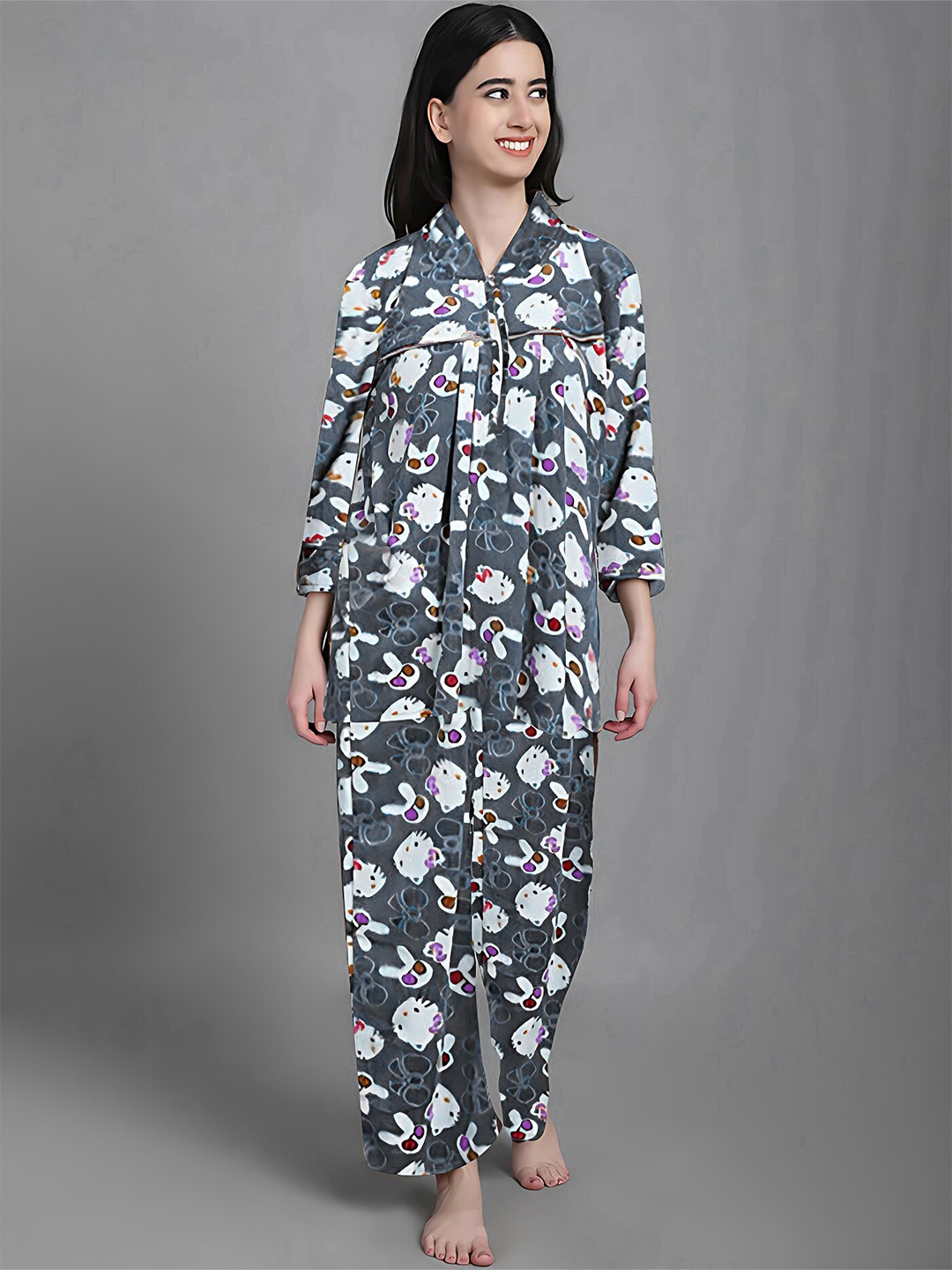 

Shararat Conversational Printed Night suit, Grey