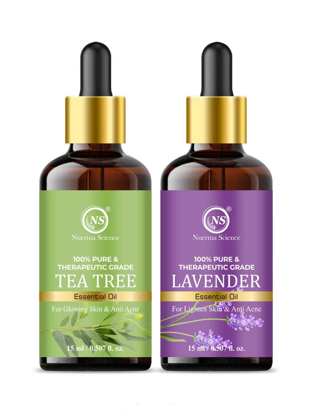 

Nuerma Science 2-Pcs Tea Tree & Lavender Essential Oil - 15ml Each, Green
