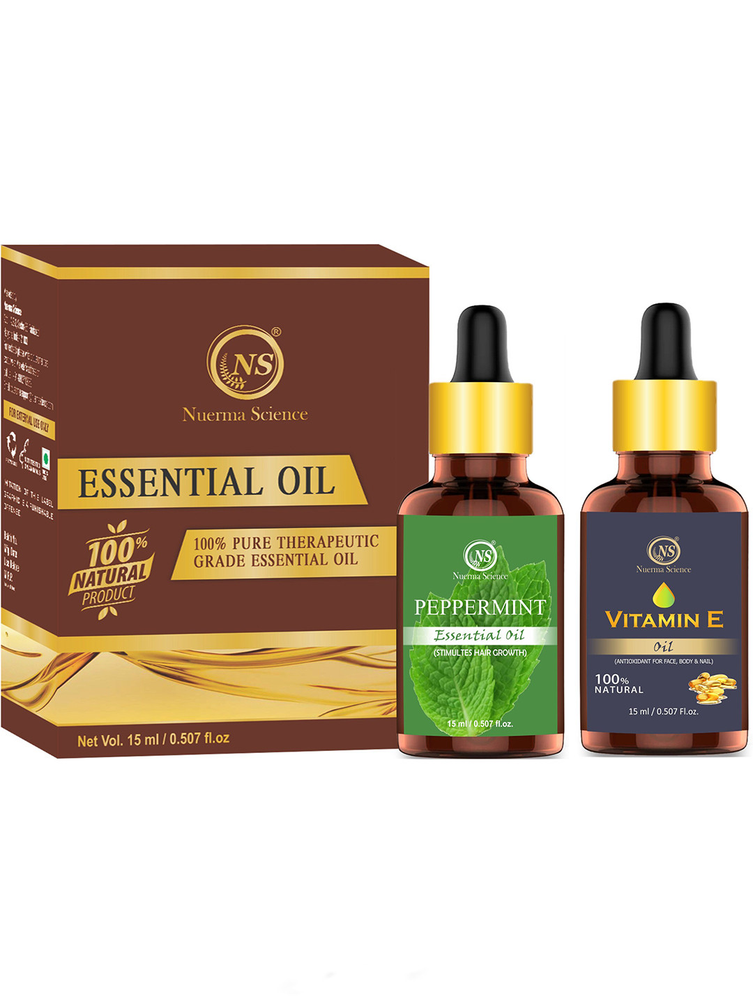 

Nuerma Science 2-Pcs Peppermint & Vitamin-E Essential Oil - 15ml Each, Green