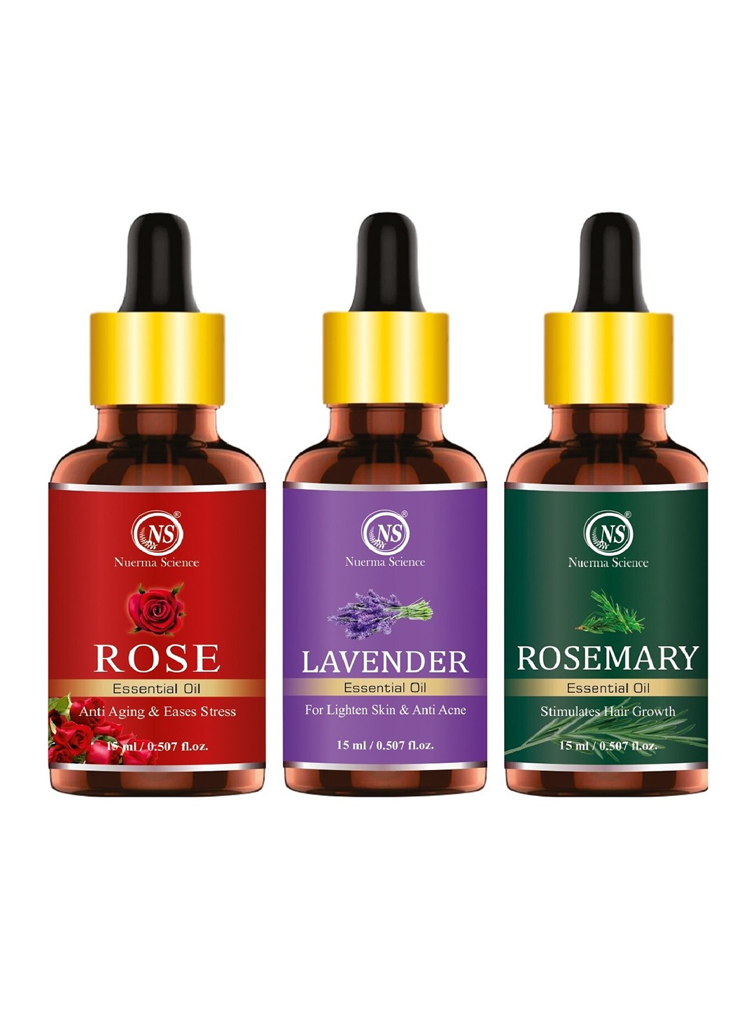 

Nuerma Science Set of 3 Pure Essential Oil 15 ml each - Lavender + Rosemary + Rose, Red