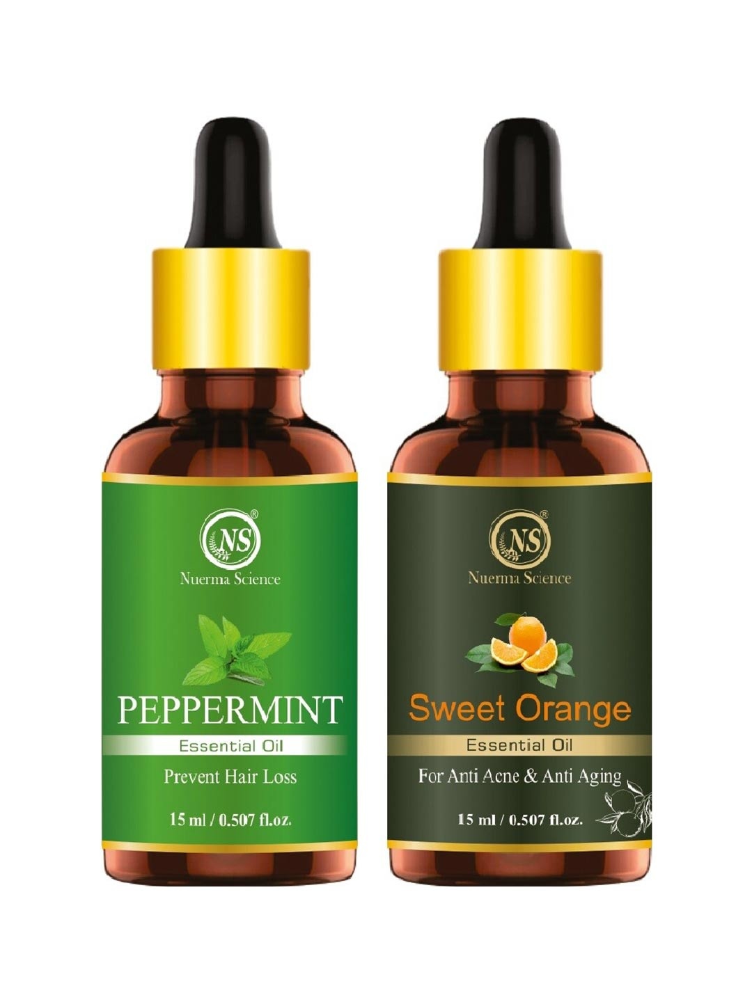 

Nuerma Science Set Of 2 Peppermint & Sweet Orange Essential Oil - 15ml Each, Green