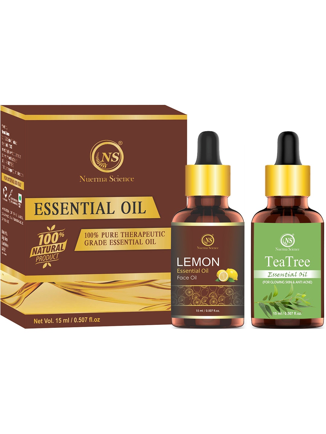 

Nuerma Science 2-Pcs Lemon & Tea Tree Essential Oil - 15ml Each, Brown