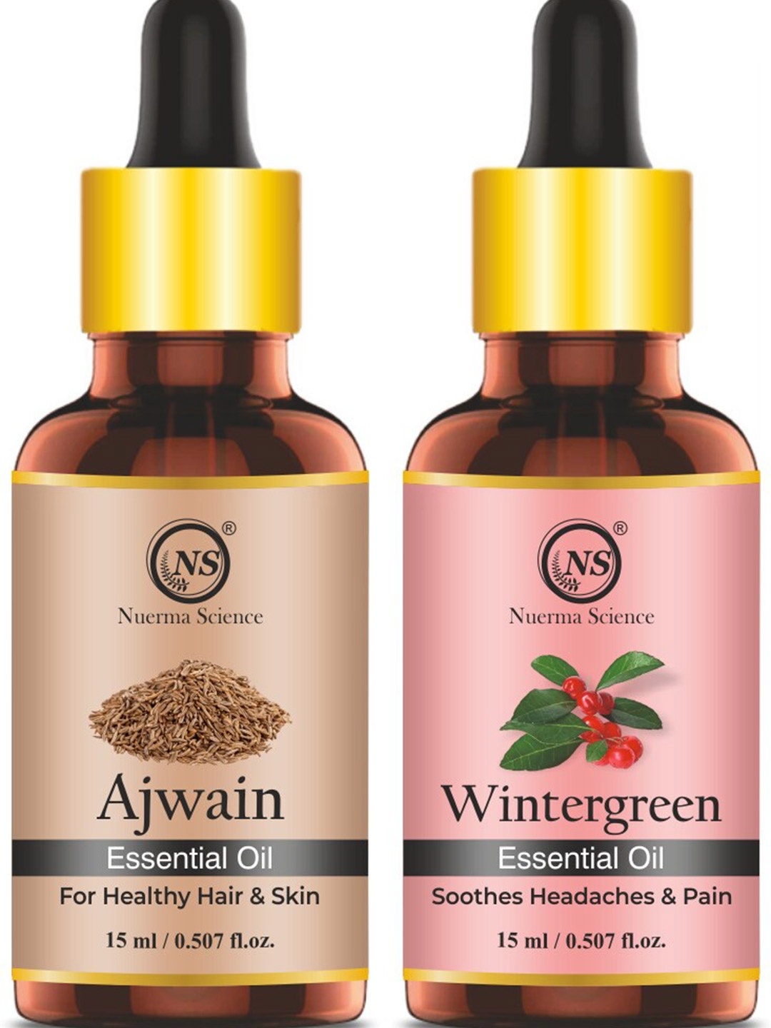 

Nuerma Science Set Of 2 Pure Ajwain & Wintergreen Essential Oil 15ml Each, Pink