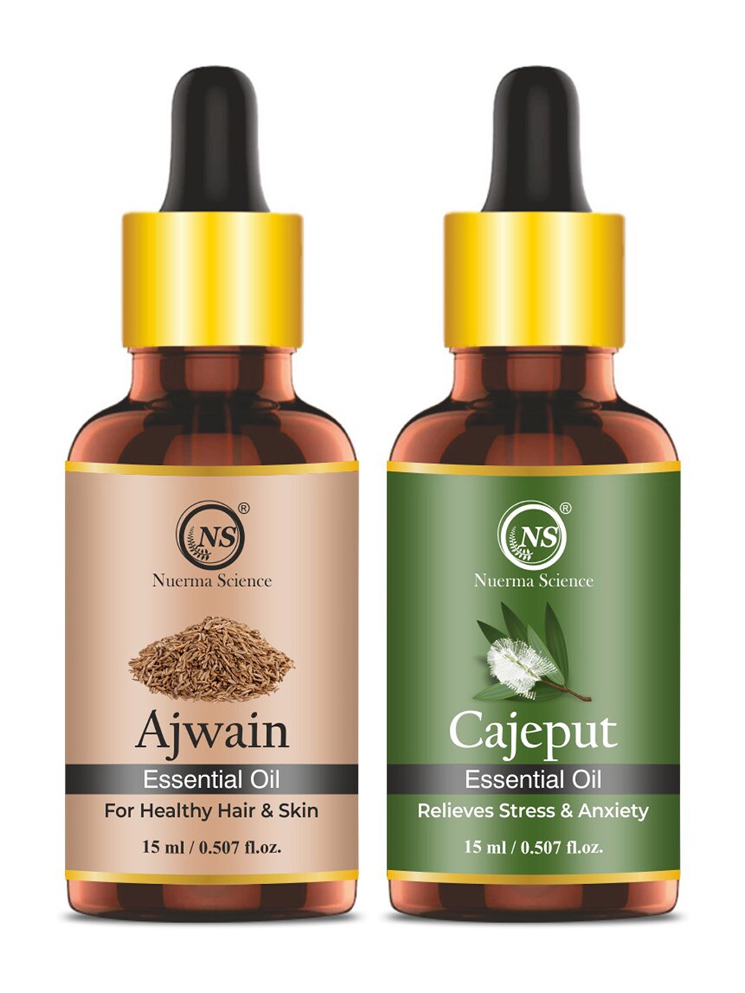 

Nuerma Science Set of Ajwain & Cajeput Essential Oil - 15 ml Each, Green