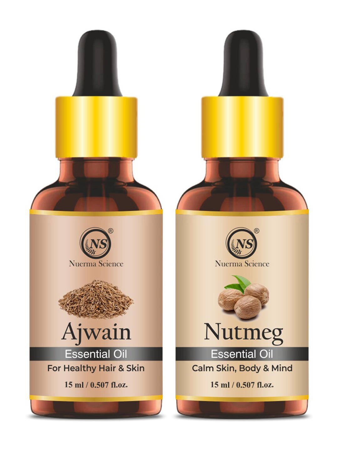 

Nuerma Science Set of 2 Ajwain & Nutmeg Essential Oil - 15 ml Each, Brown