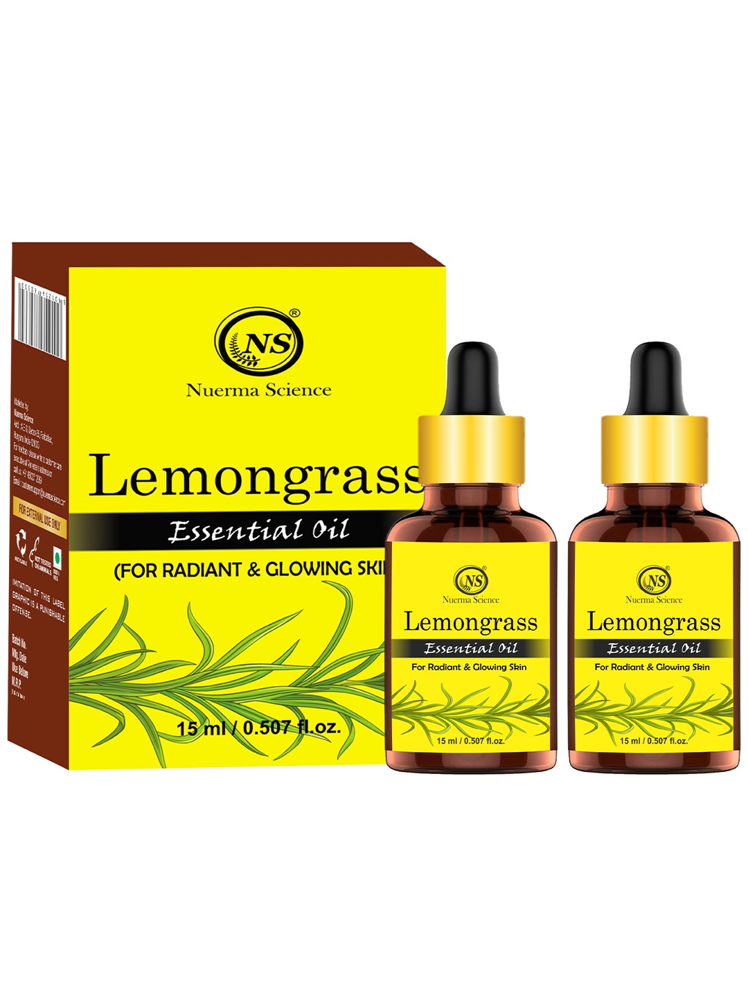 

Nuerma Science Set of 2 Lemongrass Essential Oil for Radiant & Glowing Skin - 15ml Each, Yellow