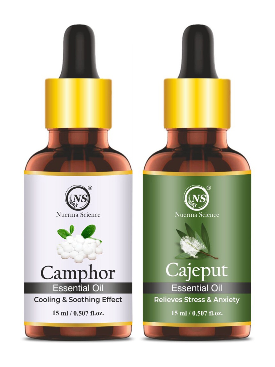 

Nuerma Science Set of Camphor & Cajeput Pure Therapeutic Grade Essential Oil - 15ml each, Green