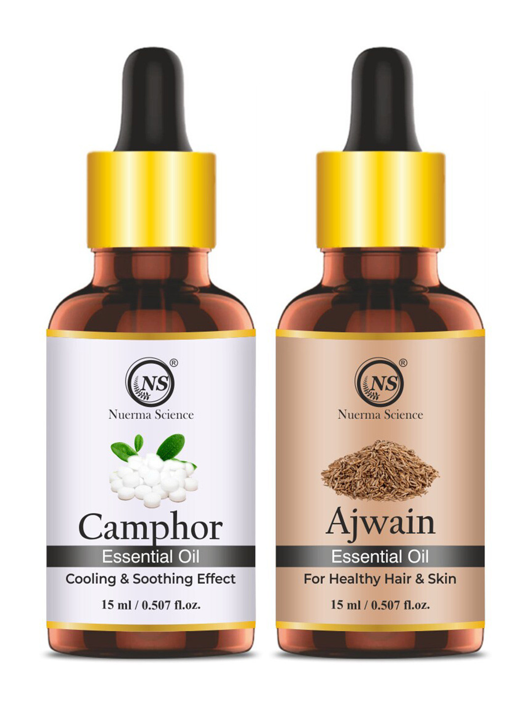 

Nuerma Science Set of Ajwain & Camphor Pure Therapeutic Grade Essential Oil - 15 ml each, White